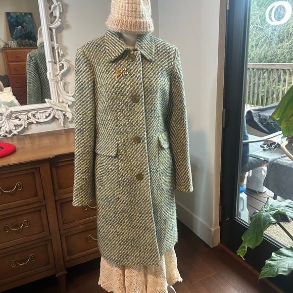 DKNY Green and Blue Tweed Trench Coat - Picture 4 of 8